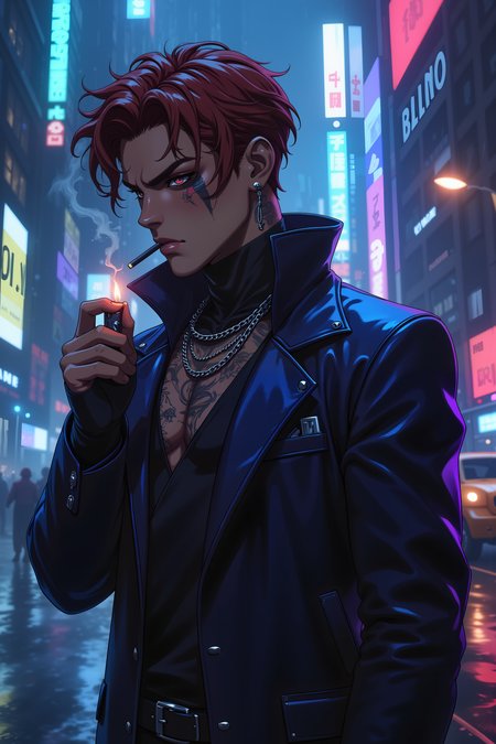 In the shadow of a monolithic skyscraper, a tall, olive-skinned man in an asymmetrical, high-collared coat flicks open a lighter, igniting the tip of a sleek black cigarette. His hair, a tousled mess of deep auburn waves, falls over one eye, partially obscuring the thin, luminous scar that runs from his temple to his jawline. His coat, made of some futuristic, iridescent fabric, shifts between deep blues and purples under the harsh glow of the streetlights. Underneath, a high-necked mesh shirt reveals a hint of the intricate ink that coils up his throatâdesigns that look almost alive under the right lighting. A silver chain hangs from his belt, looping around to a pocket where a knife, custom-made and gleaming, is barely hidden. The rain is just starting to fall, soft at first, then heavier, turning the pavement into a mirror of neon reflections. He exhales a slow stream of smoke, watching as the mist curls around his fingers like it knows him. Somewhere behind him, a deal is going bad, but he doesnât turn around. His presence alone is enough to keep the night in check. , detailed background  Fantastic lighting. Detailed shadows.intricate details, vivid colors, hyper-detailed, ultra-sharp, , <lora:aesthetical-000003:0.15><lora:aidmaNSFWunlock-FLUX-PonyStyle-v0.1:0.15><lora:Flux-jijia:0.1><lora:GLSHS:0.6>