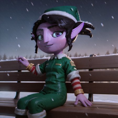 score_9, score_8, score_7, break, 1girl, black hair, hat, pointy ears, purple skin, elf suit, sitting, bench, smile, looking at viewer, snowing, natural lighting