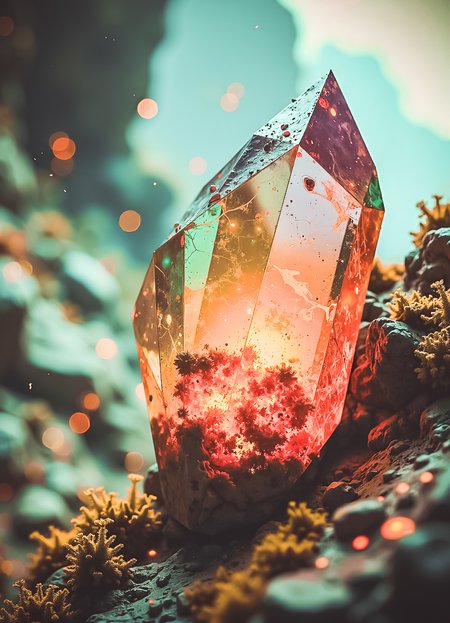 A close-up shot of an extraterrestrial crystal embedded in the wall of a futuristic cavern, captured in a dim and eerie setting. The crystal features sharp, geometric facets in hues of deep orange, amethyst, and emerald, with a faint internal glow. Tiny, luminous veins run through the surrounding rock, casting an ethereal light. The background showcases a soft bokeh of alien cave formations and bioluminescent moss, creating a haunting and mysterious ambiance. The composition focuses on the crystal, with sharp detail on the intricate facets and glowing veins. 8k resolution, highly detailed textures, biomechanical patterns, soft colors, alien bokeh background, ultra-realistic, studio-quality photo.

