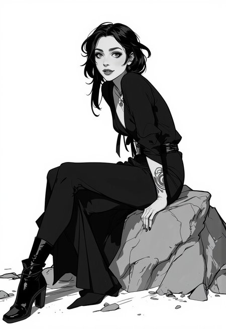 A simple plain ((line art drawing)) in black and white monochrome, Evelynn is an enigmatic sorceress, She is alluring and quietly confident, she sits patiently one leg over the other in a powerful seductive pose, on an empty simple white background, she leans forward leaning on her crossed legs on a large rock, looking directly at the viewer expectantly, she has a sexy smile, she is wearing black flowing robes, ritualist, mysterious, leather boots, messy hair, very pretty, very attractive, dark makeup, Canthan, tattoos, (sinister), perfect anatomy,
Artwork that displays a scene or tells a story, cute very pretty attractive, A breathtaking anime-style full-body art illustration,  strikingly beautiful 21-year-old. very pretty, very attractive, lineart, simple cell shading,
undeniable allure, all focus remains on her,
8k resolution, score_9, score_8_up, score_7_up, best quality, masterpiece, (dynamic angle), (clean lines), monochromatic line drawing,