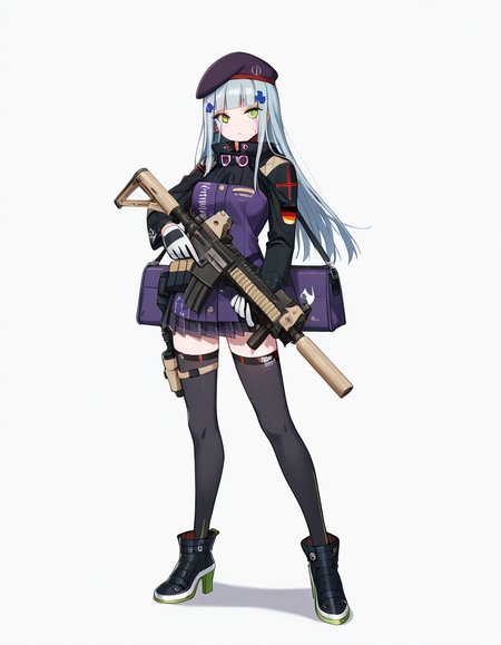 Volumetric Lighting, (masterpiece), (best quality), (ultra-detailed), masterpiece, source_anime, score_9, score_8_up, score_7_up BREAK, illustration, disheveled hair, detailed eyes, perfect composition, moist skin, intricate details, detailed eyes, detailed face, detailed fingers BREAK, HK416, green eyes, long hair, grey hair, blue hair,blunt bangs, teardrop facial mark BREAK, HK416def, def_jacket, 416_hair_ornament, def_knife, def_thigh_holster, handgun, holstered weapon, def_holster, magazine (weapon), def_goggles, eyewear around neck, def_thighhighs, def_beret, def_skirt, def_two-tone_gloves, teardrop facial mark, def_shoes, def_bag BREAK, ((white background)), looking at viewer, standing, full body, shadow, holding weapon, gun, holding gun, rifle, assault rifle, trigger discipline, heckler & koch, suppressor, h&k hk416