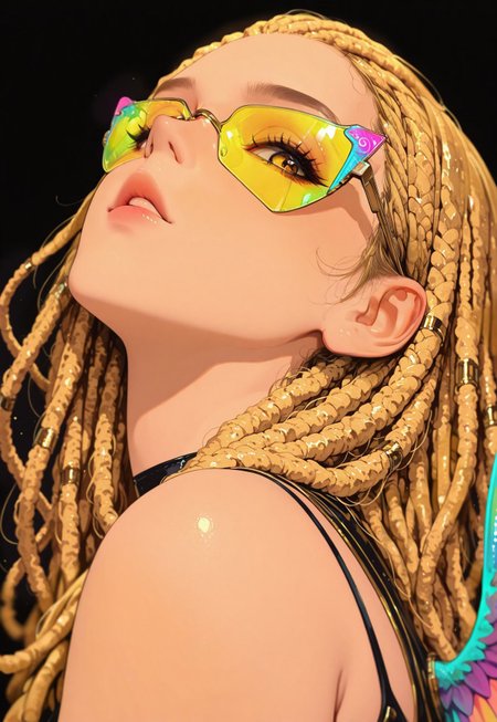 masterpiece, best quality, good quality, very aesthetic, absurdres, newest, 8K, depth of field, focused subject,
 close up, stylized, in gold and neon shades, wabi sabi, 1girl, rainbow ,  looking at viewer, dynamic angle, from below, from side, relaxing, blonde dreadlocks,
parted lips,
