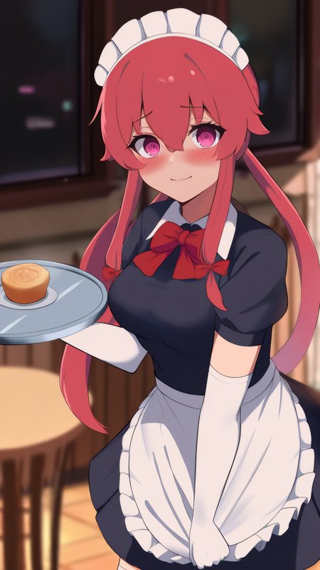 masterpiece, best quality, very aesthetic, absurdres, BREAK, 1girl, cowboy shot, looking at viewer, 
<lora:Yuno_Gasai_Illu_Dwnsty:0.8>, yuno_gasai, pink eyes, pink hair, long hair, low twintails, sidelocks, red hair bow, yandere,maid headdress, maid apron, black dress, juliet sleeves, short sleeves, elbow gloves, white gloves, white thighhighs, skirt, holding tray, food, 
medium breasts, light smile, blush,
indoors, cafe, chair, table, bar,