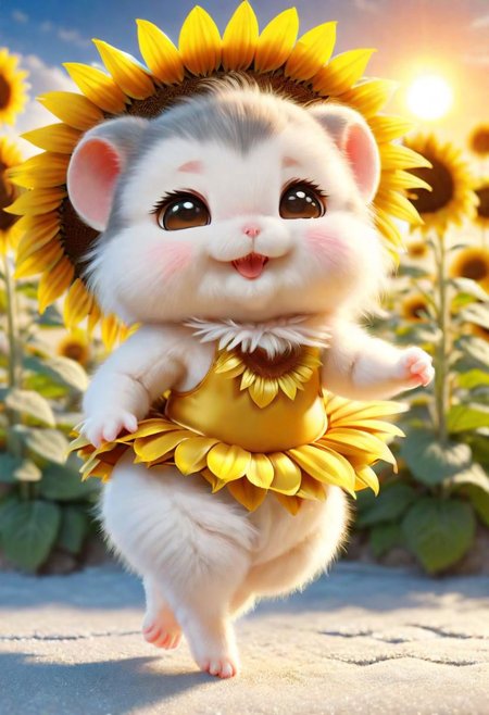 ral-fluff,<lora:ral-fluff:1>,
chibi,masterpiece,best quality,original,official art,silver metallic hamster, tutu,flower,blurry background,rendering,beautiful detailed glow,(detailed ice),beautiful detailed sun,sunny, blurred flower, happy, many little sunflower