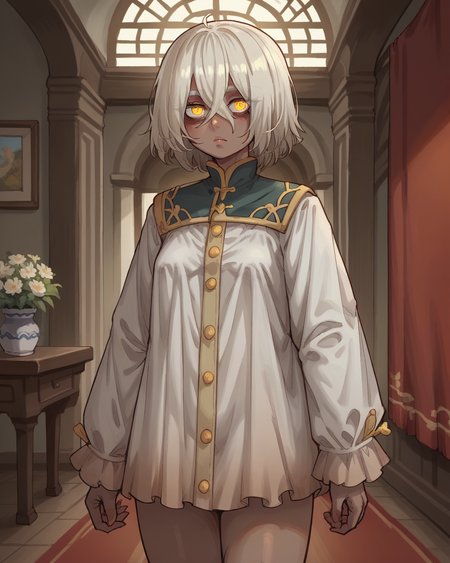 score_9, score_8_up, score_7_up, source_anime, indoors, 1girl, standing, dark skin, white hair, yellow eyes, solaria_(ebonyxh),  <lora:solaria_ebonyxh:0.8>