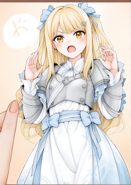 1girl, yui (bofuri), by kodoto, , armor, bow, breastplate, colored pencil (medium), countdown, cowboy shot, dress, frilled dress, frilled sleeves, frills, hair ornament, hand up, long hair, long sleeves, looking at viewer, open hands, open mouth, solo, speech bubble, traditional media, v-shaped eyebrows, waist bow, <lora:freedom:1>
