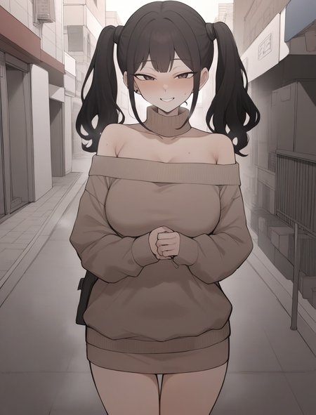 best quality,masterpiece,newest,looking at viewer,(1girl), <lora:Terasu_mc_XL:1>,standing,cowboy shot,(terasu_mc), black hair,rating: general,twintails,smile,off-shoulder_sweater,miniskirt, outdoors,