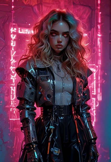 score_7_up, (score_9:1.1), (ugly:0.9),(pretty:1.4),1woman, adult, realistic, realism, hyper realistic, sparkling hair, floaty hair, wavy hair, (soft light coloured hair:1.3), (red iris, glowing iris, neon white pupils:1.3), looking at viewer, big hair, huge afro, zero gravity hair, detailed, perfect, perfection, hands, big scar across face,
BREAK,
((extra_puffy_jacket, black skirt, glossy lips, shiny skin)), full lips, hands behind back, (upper body:1.9),  blocky shape cybernetics, cybernetics, cybernetic skin, raised eyebrow, pale skin, ((snub nose:1.4)), breasts, (prominent abs:1.1), focus upper body,  sweating, 
BREAK,
(neon background, future slums, neon, cybernetic background, mist:1.3),(cybernetic mechanical arm, prosthesis:1.3),