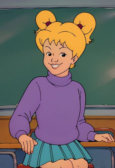score_9,score_8_up,score_7_up,score_6_up, source_cartoon, retro_artstyle
DAHudson, 1girl, blonde hair, twintails, black eyes, purple sweater, pleated skirt, aqua skirt, indoors, classroom, desk, windows, sitting, legs together, smiling, teeth, grin, cowboy shot, looking at viewer, dutch angle, close-up view