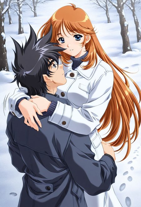 masterpiece, best quality, newest, highres, uncensored, 1girl, yokota mamoru style,1girl, slender face，motion lines,Kobayakawa_Mizuho, blue eyes, very long hair, orange hair, bangs, breasts,Brown Hair , Waist Length hair, Blue Eyes,1990s (style),slim,
distance view,1girl, snow, 1boy, hetero, long hair, couple, tree, winter, spiked hair, hug, winter clothes, footprints, coat, black hair boy