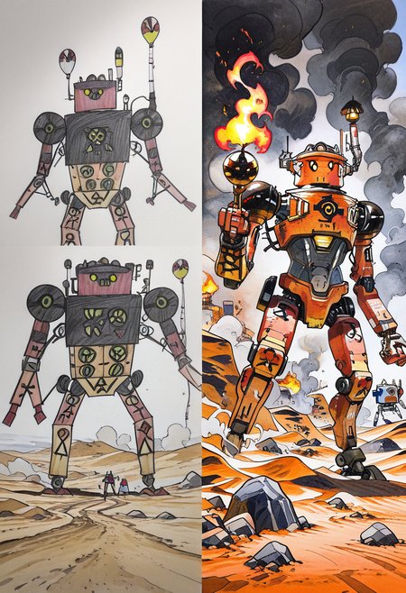 masterpiece, best quality,   outdoors, fire, robot, mecha, smoke, science fiction, rock, desert  ,<lora:Pr0VsN00b:1.0>,
