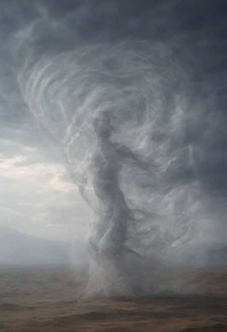 a stormy scene with lightning in the background, in the center of the image is a large glass sculpture of a woman levitating high in the sky, the glass woman is glistening in the sunlight against the storm, inside the glass sphere an air elemental which looks like smoke, the glass woman is levitating in mid air and is surrounded by a veil of smoke, stormy sky with lightning in the background, looking up at the glass sphere with the ground far below