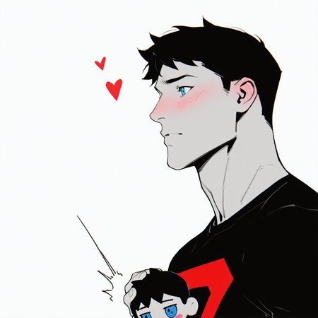 <lora:CONNER_KENT:1>conner, solo, blush, short hair, blue eyes, simple background, shirt, black hair, white background, 1boy, holding, upper body, male focus, heart, stuffed toy, t-shirt, spot color, doll, character doll, holding doll, merchandise, multiple boys, 2boys, looking at another
,dynamic view, detailed background, motion blur, film grain, abstract, natural lighting, fantasy, cinematic, dynamic view, very awa, masterpiece, best quality, absurdres, newest, perfect quality, detailed background, intricate details, (artist:fl \(l-fl\):0.7), (artist:tooboshoo:0.7), (artist:dizdoodz:0.8)