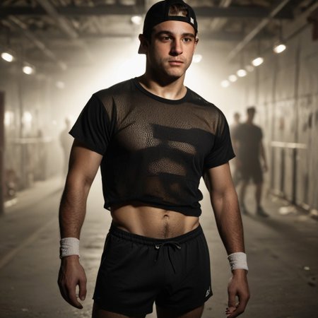(score_9, score_8_up, score_7_up), rating_explicit, best quality, highly detailed, ultra high quality, masterpiece, high res, photorealistic, male focus, jacob_custos, (pectorals), muscular, six pack, tall, hazel eyes, navel hair, backwards cap, mesh black shirt, athletic shorts, socks and sneakers, wristband, dynamic pose,