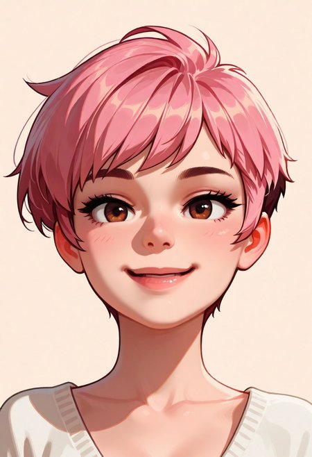chibi, high contrast, masterpiece, best quality, amazing quality, very aesthetic, retro artstyle, realistic, promotional art, newest, volumetric lighting.
(artist:incase:0.5), (artist:tsuaii:0.5), color theory,
1girl, face, solo, straight-on, focus on face, front view, portrait, (happy: 1.5), Pixie cut, pink hair, brown eyes, luminescent background, simple background.