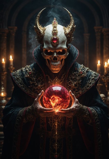 raw, ultra high picture quality, intricate details, Mystical light. Fog. The mage's appearance: evil and mystical, with spiky robes that seem made of black cloth with golden stitches. a ball in one hand and mysterious beast skull in another hand, Rubies, symbolizing their magical power. Glow. a dark evil gaze that hints at their ancient knowledge and mystical prowess. alchemical laboratory, blending the natural with the magical, Soft natural lighting, High Definition HD, High Detail, Perfect Composition, Detailed Structure, Artstation Trends, cinematic, dark fantasy