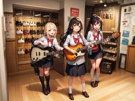 masterpiece, best quality, ultra-detailed, illustration,
(2girls:1.4), school uniform,  school bag,  smile ,
guitarshop, guitar, instrument, electric guitar, bass guitar, amplifier, speaker, wooden floor, indoors, 
 <lora:guitarshop:0.8>