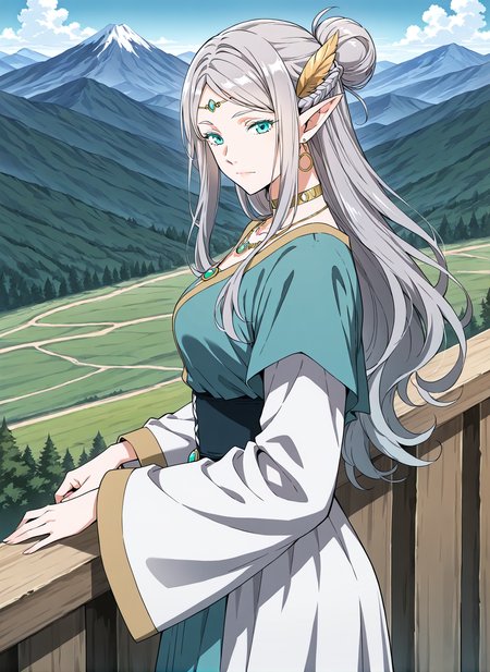 <lora:Merial_Eralith__The_Beginning_After_the_End__Illustrious:1>
1 girl, solo, elf, pointy ears, aqua eyes long hair, grey hair, ponytail, braid, single hair bun, 
dress, long sleeves, wide sleeves, hair ornament, circlet, jewelry, earrings, necklace, choker, head wings,
score_9, score_8_up, score_7_up, source anime, BREAK, cowboy shot, (from side), looking back, looking at viewer, overlooking mountain, high altitude, scenery, exterior, background,