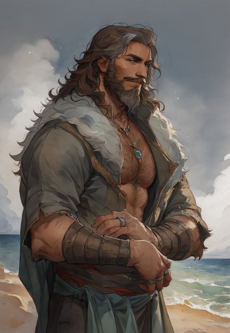 safe_pos, safe_pos, score_9, score_8_up, 1boy, solo, IfanBM, mature male, tan skin, facial hair, grey beard streaks, muscular, broad-shouldered, aging, DILF, ((beard)), facial hair, moustache:.5, ((brown hair, grey streaks)), ((grey streaks)), (long hair, wavy hair), ((fantasy style clothing, fur-trim)), druid, magic, (beach paradise), watercolor \(medium\), traditional media, hairy chest, very hairy, dutch angle, Expressiveh, smirk, sexy posing, ((fantasy clothing)), jewelry, rings, manly, necklace, bracelet, dynamic pose,