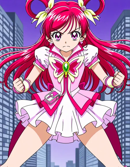 <lora:dmd2_sdxl_4step:1>,1girl,official style,masterpiece,best quality,newest,very aesthetic,highly detailed,high resolution,absurdres,highres,depth of field,super detailed skin,very awa,Anime,anime coloring,anime screencap,<lora:cure_dream_V1:1>,cure dream,angry,abstract_background,thighs,city,ほlぢんgweapon,fighting_stance,posing,