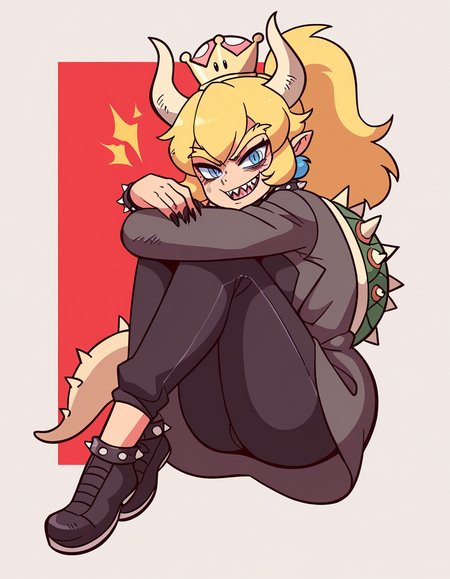 zPDXL, score_9, score_8_up, score_7_up, source_anime, 1girl, solo,
 <lora:diives_v2:1> diives, (portrait), Bowsette, blonde hair, ponytail, sharp teeth, spikey tail, spikey shell, giggling, hugging_own_legs, yakuza, burn scar, yakuza tattoos, wearing a red trench coat, suit pants, leather shoes