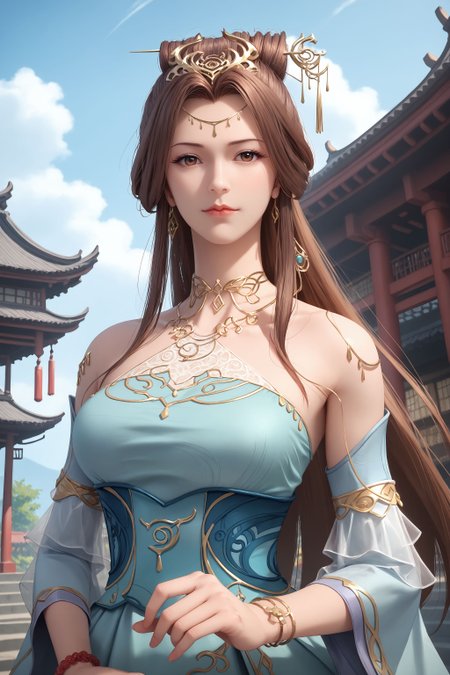 score_9, score_8_up, score_8, source_real,real skin, rating_explicit, ExpresiveH, best quality, unreal engine,game,cg, very aesthetic, CG, masterpiece, ultra high res, highres, More Details, high rating,Intricate and refined delicate details,  looking at viewer,
<lora:age_slider_v4:4>,
<lora:sulingyun:1>, 1girl, solo, long hair, dress, brown hair, hair ornament, upper body, detached sleeves, necklace,  bracelet, blue dress, jewelry, hair bun, bare shoulders, closed mouth, blue sky, sky, outdoors, east asian architecture, upper body,