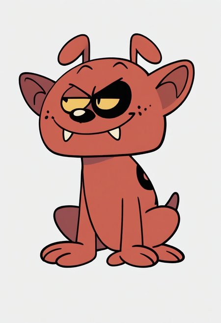 (score_9 | score_8_up | score_7_up) ((masterpiece:1))(best quality,very high quality,ultra detailed:1.2) (2D,cartoon style,anime style)(Smooth:2)(clean blurring) (four fingers on each hand,one thumb on each hand:1), charles, dog, all fours, black spot on left eye, impish, demon, red skin, small pointed nose, pointed tail, yellow eyes, slit pupils, two small horns, two large curved horns on sides of her head, pair of deformed fangs, smug, full body