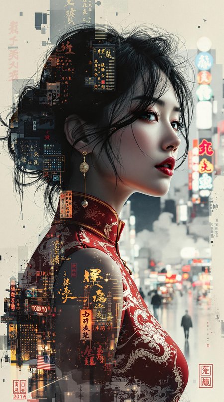 A moody, ink-rendered double exposure poster artwork. The mainimage dominates with a close-up, photorealistic portrayal of a serene Oriental woman—hair tousled as if caught in a breeze, a vibrant short red cheongsam clinging to her figure, its embroidered dragons glimmering under ambient chiaroscuro light. Her bare shoulders and parted lips evoke quiet vulnerability. Merging into her form is the bustling energy of a Tokyo-style Chinatown at night: glimmering wet streets reflecting rainbow-hued kanji signage, LED ads pulsing on building faces, and distant steam rising from food stalls. The double exposure blurs lines between skin and skyline, creating an evocative union of human emotion and urban electricity. Ink textures emulate sumi-e brushwork layered over high-resolution realism, creating a dreamlike tension—[best quality], dramatic poster art.