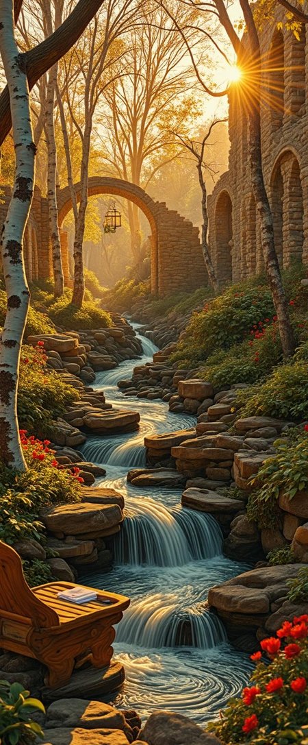 <lora:nule-flux-lora-E4.safetensors:1> nule style
In the heart of an ancient, overgrown garden, the ruins of a once-grand estate stand as a testament to time's relentless passage. The golden rays of a setting sun filter through the leafless birch trees, casting a warm, ethereal glow over the scene. The birches, with their slender, white trunks, line the banks of a tranquil river, their reflections shimmering on the water's surface. The air is filled with the scent of earth and the subtle fragrance of wildflowers blooming in the crevices of the crumbling stone walls.
Amidst the ruins, a small, intricately carved bench sits beside the river, its weathered wood softened by the years. A delicate handkerchief, embroidered with a single rose, lies folded on one end. The bench is the perfect spot for two loves to share a tender moment, away from the world's chaos. The sun's glow bathes the scene in a golden hue, making the moment feel suspended in time.
 Nearby, a gentle waterfall cascades into a pool, its soothing sound a harmonious backdrop to the quiet whispers of the lovers. A love letter, partially hidden in a nook of the stone wall, adds a touch of romance and mystery. The soft light from a lantern hanging from a nearby branch casts shadows that dance along the ancient stones, enhancing the sense of intimacy and connection.
The interplay of the aged, weathered ruins and the vibrant, living elements creates a timeless beauty, where the past and present blend seamlessly. The scene is a sacred, private space, where the world seems to fade away, and only their love remains.