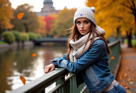 mythp0rt, A wide angle shot of beautiful woman with brown eyes, long brunette hair, choker, dark eyeshadow, wearing a white beanie, jean jacket and scarf with jeans leaning on a bridge railing overlooking the water, leaves falling, yellow_leaf, orange_leaf, autumn_leaf, red_leaf, semi realistic style, outdoors in a park, dramatic angle, masterpiece, best quality, highly detailed, sharp focus, dynamic lighting,