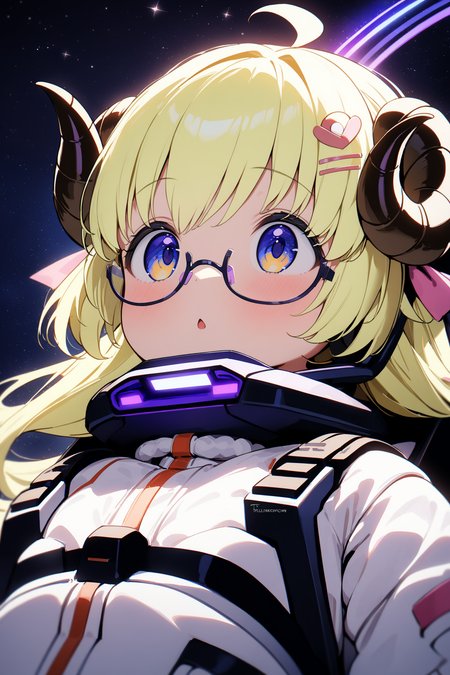 1girl, tsunomaki watame, hololive, masterpiece, best quality, very aesthetic, absurdres, intricate detail, sheep horn, cute, (wellington glasses), cute white spacesuit, look up, piloting in a spaceship cockpit, starry skies, professional photography, face focus, angled view, (purple chromatic light), <lora:add-detail-xl:1>