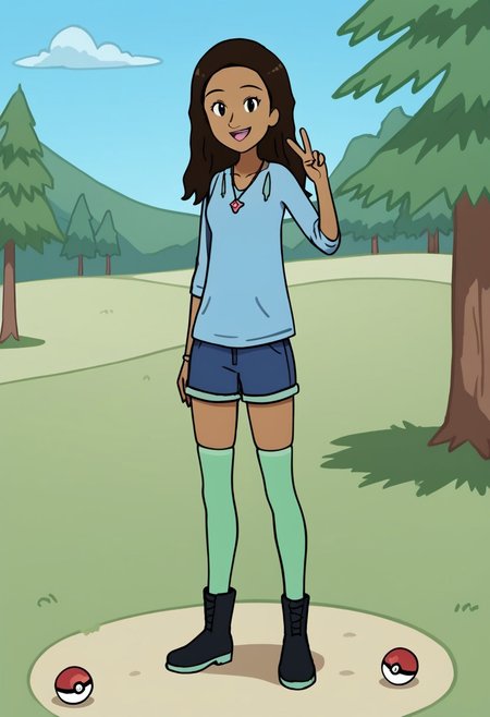 score_9, score_8_up, score_7_up, score_6_up, score_5_up, 
1girl, solo,
SBJennifer, 1girl, brown hair, long hair, dark-skinned female
pokeball necklace, blue shirt, long sleeves, blue shorts, yellow-green thighhighs, black boots, looking at viewer, standing, smile, v sign, BREAK outdoors, day, sunlight, sunbeam, blue sky, tree, black eyes