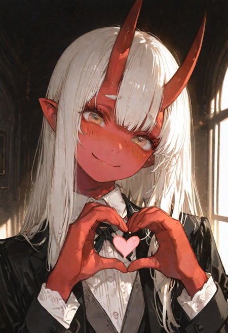 masterpiece, best quality, good quality, newest, highres, absurdres, volumetric lighting,gradient color,
BREAK 
raytracing, volumetric lighting, ambient occlusion, girl, 
BREAK
Aka-Oni, oni, colored skin, (red skin:1.3), straight horns, solo, long hair, model style,
portrait, head tilt, smile, nervous smile, formal clothes, heart hands,
