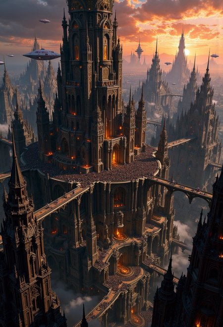 Sharn, the City of Towers, rises dramatically from the landscape, a sprawling metropolis of towering, interconnected spires that stretch high into the clouds. Each tower is a blend of sleek, dark stone and enchanted metals, adorned with glowing magical runes and intricate carvings that reflect the city’s deep history and arcane power. Bridges of various sizes crisscross between towers, creating a web of pathways filled with bustling citizens, exotic traders, and mystical creatures. Airships hover in the air, docking at various levels, their golden lights illuminating the fog that drifts lazily through the upper levels of the city. Below, the lower quarters are cast in shadow, filled with narrow alleyways, hidden bazaars, and flickering torchlight. The skyline is alive with a blend of warm and eerie hues as the sun dips beneath the horizon, casting Sharn in an otherworldly glow. The atmosphere pulses with energy, mystery, and the promise of adventure around every corner in this magnificent, vertical cityscape. masterpiece, maximum image detail, 8K high definition, intricate architecture, magical city, glowing runes, airships, enchanted metal, dense cityscape, vibrant sunset, foggy atmosphere, bridges and pathways, epic fantasy setting, ultra-realistic