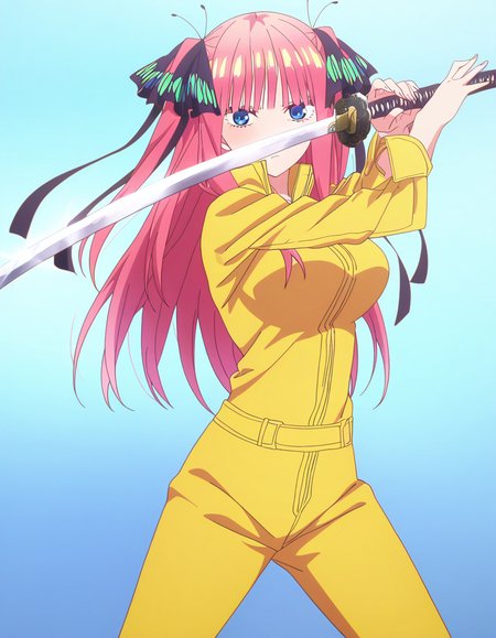masterpiece, best quality, newest, absurdres, highres, safe,, <lora:nino-nakano-s1-ponyxl-lora-nochekaiser:1>, nino nakano, long hair, bangs, blue eyes, hair ornament, hair ribbon, pink hair, blunt bangs, two side up, butterfly hair ornament, large breasts, anime screencap, <lora:sword-guard-stance-illustriousxl-lora-nochekaiser:1>, sword guard stance, sword, weapon, solo, katana, holding, holding weapon, holding sword, looking at viewer, jumpsuit, yellow jumpsuit, high collar, cowboy shot, pants,, ,