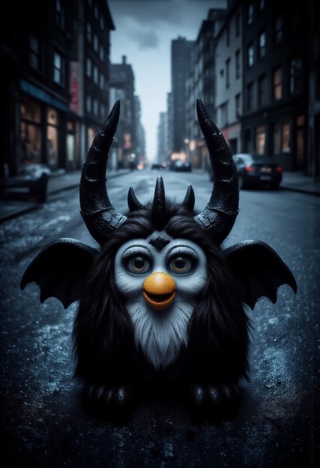 Photograph of a Furby plush toy, designed to look like Batman, sitting in a dark scary city street. aidmaHalloweenBoost