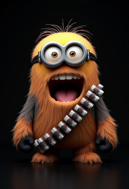 A minion from despicable me, covered in fur, looks like Chewbacca, ammo belt, wookie, roaring, masterpiece, great quality, highly detailed, 4k, pitch black background
