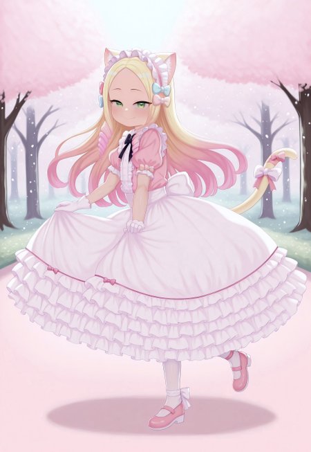atg_(wttoo0202) , 1girl, catgirl, green eyes, blonde cat ears, blonde cat tail, blonde hair, two-tone hair, gradient hair, multicolored hair, pink tips, pink highlights, pink streaks, masterpiece, best quality, absurdres, 
(pastel theme, lolitafashion:1.2), pastel lolitafashion, sweet lolitadress, shiny lolitadress, victorian dress, kawaii, cute, moe, puffy padded dress, petticoat, puffy sleeves, pastel colors, pastel pink, pastel blue, frilled wide skirt, white pantyhose, pastel dress, puffy sleeves, gloves, pastel headdress, many bows, multiple bows, ribbons, frills, frilled fabric, center frills, sparkles, glitter, cute lolitashoes, leg ribbon, tail ornament, tail ribbon, tail bow,
outdoors, nature, park, cherry blossom trees,
(solo:1.2), from side, standing on one leg, full body, dynamic pose, dutch angle, looking at viewer, happy smile, skirt hold,
intricate, highly detailed, majestic, shallow depth of field, movie still, circular polarizer