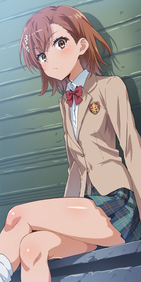 score_9, score_8_up, score_7_up, score_6_up, source_anime, intricate details, mikoto misaka,  <lora:Mikoto_Misaka:1>, tokiwadai uniform, plaid skirt, multicolored skirt, hair ornament, blazer, red bow, brown eyes, brown hair, short hair, looking at viewer, official artstyle, pov, from side, sitting, inside, legs crossed
