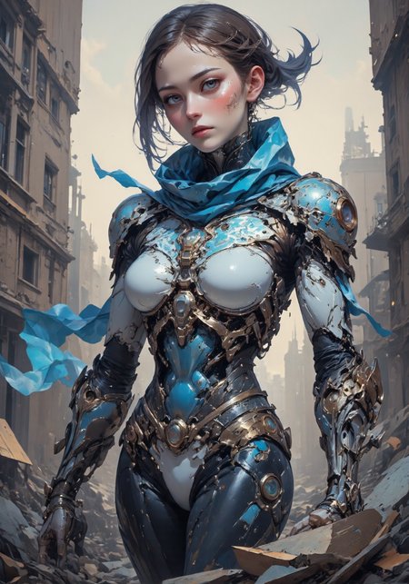 A cruel female ninja mech, covered in a full-body blue and white futuristic armor, with a heavy AWP rifle strapped to her waist. Her long, sleek dark brown hair is tied into a stylish ponytail that flows dramatically in the wind, creating a striking contrast against the devastated war-torn city in the background. A blue scarf also waves dramatically in the breeze, adding a touch of motion to the scene. The ninja's face is cold and emotionless, exuding an aura of deadly precision and subtle fear, yet with a hint of grace. The scene is captured in breathtaking 16K resolution, with digital reflex camera effects and light tracing enhancing the overall quality of this cinematic shot. The atmosphere is enhanced by chiaroscuro lighting, bringing depth and drama to the action-packed, concept-art-inspired composition. The mechâs design combines sleek mechanical elements with an artistic touch of action painting, giving it a sense of elegance and power. The entire setting is a masterwork of 3D design, with a devastated cityscape as the backdrop, illuminated by film-style lighting that emphasizes the contrast between the blue and white armor and the war-torn surroundings. The overall mood mixes feelings of danger and a subtle fear of death, balanced at 0.5, focusing more on the assassin's aura of death rather than overwhelming terror. The blue gaming gear adds a futuristic edge to her appearance, solidifying her as a deadly figure in this post-apocalyptic world.
 <lora:DarksunRIDDV3:0.6> <lora:flux_hyperkraximalism-crazy:0.6> <lora:Midjourney_-_SemiReal_Dreams_FLUX_LoRA:0.6> <lora:CPA:0.6> <lora:BLUE_mk4_angel_FLUX_01:0.6> <lora:BioInk2FLUX:0.6>