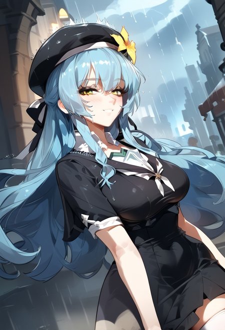 zPDXL2, score_9_up, score_8_up, score_7_up, (Anime_source), high detail face, best quality, absurd res, 1girl, MarietteDunaleff, 1girl, long hair, large breasts, blue hair, yellow eyes, hair ornament, white thighhighs, black dress, jewelry, hair flower, black headwear, beret, smile, looking at viewer, cowboy shot, streets, from side, dutch angle, (medieval city, rainy, storm, night sky)