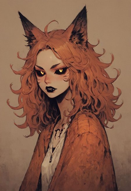 ((score_9, score_8_up, score_7_up)), 1girl, mature, fox girl, fox ears, fox tail, glowing_yellow_eyes, black sclera, scaly skin, (white_skin), blank expression, small breasts, black tattoos, sharp teeth, black lips, sharp nails, long hair, solo