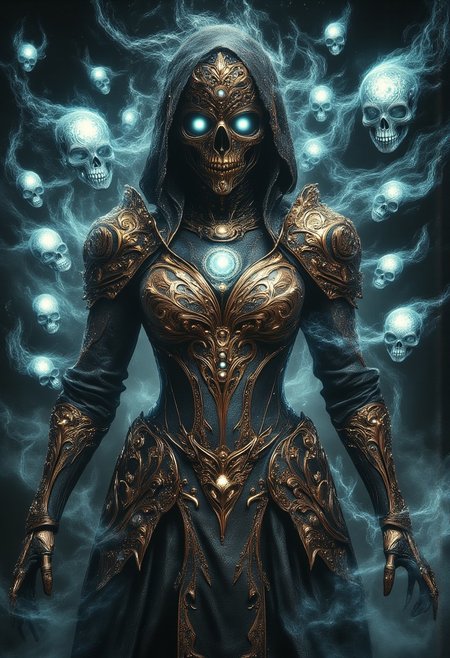 masterpiece, best quality, highres, realistic, best quality,
score_9, score_8_up, score_7_up, 
Detailed. Full body art. 
Ghostly skeleton woman.  Golden armor with detailed complex decorations. shining eyes.  floating translucent skeletons. at night. starry sky. moon. eerie atmosphere. skelet0n, Ghostlystyle, hkmagic, aidmamj6.1, ArsMJStyle, Rococo Steampunk