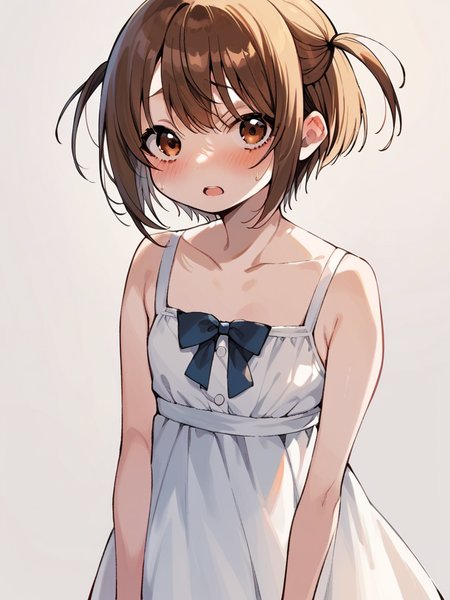 score_9, score_8_up, score_7_up,  
1girl, otsuki mikako, medium hair, brown hair, two side up, flat chest, brown eyes,
white dress, sundress, bow, standing, blush, open mouth, shy, looking at viewer, simple background, 
