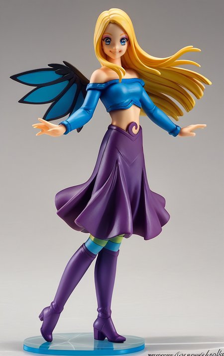 score_9, score_8_up, score_7_up, 1girl, looking at viewer, full body, dynamic pose, cute, solo, dutch angle, simple background, smile, :D, detailed background, cute pose, wide shot,
<lora:CorneliaHale_character:0.8>CorneliaHale, blonde hair, long hair, blue eyes, crop top, long sleeves, long purple skirt, parted skirt, striped pantyhose, bare shoulders, wings, makeup, jewelry, thigh boots, <lora:Anime_Figure_P1:1> figure,,