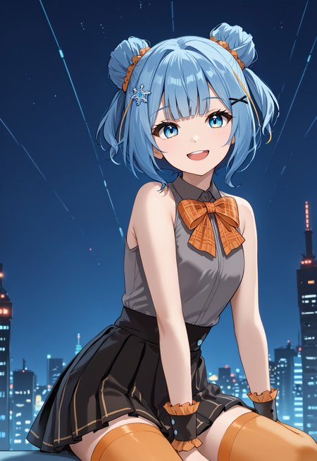 1girl, solo, solo focus, highres, absurdres, Bippa2nd, orange thighhighs, blue eyes, blue hair, hair ornament, bare shoulders, black skirt, grey shirt, orange bow, bangs, double bun, hair bun, wrist cuffs, hairclip, sleeveless shirt, plaid bow, pleated skirt, short hair, two side up,

looking at viewer, smile, open mouth, sitting, from side, 

cityscape, neon lights, night, night sky, backlighting,