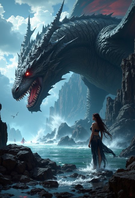 Hyper-realistic and meticulously intricate, a highly dynamic cinematic panorama encapsulates a captivating scene: a resplendent young woman, waist-deep in the aqueous depths, stands adjacent to a colossal draconian entity. The tableau exudes an ethereal ambiance, characterized by an interplay of fantasy aesthetics, augmented by the magewave style, captured with the precision of Ferrania P30. The visual spectrum is imbued with Bisque and Blush Magenta hues, enveloped in atmospheric haze, and presented in a grand, zoomed-out panoramic view, richly detailed and suffused with cinematic gravitas. dramatic lighting, MythP0rt
<lora:FredFraiStyle-FLUX-Share:0.5>  <lora:FluxMythP0rtr4itStyle:0.7>   <lora:dark_fantasy_flux:0.9>