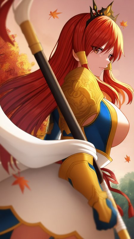 masterpiece, best quality, very aesthetic, absurdres, BREAK, 1girl, looking back, cowboy shot, dutch angle, from behind, 
  <lora:Nakagami_Erza_Illu_Dwnsty:0.9>, erz_nakagami, brown eyes, red hair, long hair, hair tubes, black tiara, armored dress, shoulder armor, clothing cutout, center opening, shawl, pauldrons, arm guards, gauntlets, white obi, sash, red ribbon, 
large breasts, lips, serious, holding polearm, fighting stance, annoyed, dynamic pose, 
outdoors, forest, nature, falling petals, maple leaf, leaf, autumn leaves, autumn, cloudy sky,