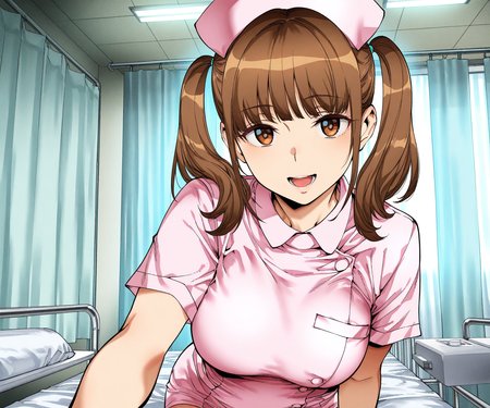 masterpiece, best quality, amazing quality, sfw, 1girl, solo, medium hair, hospital, twintails, nurse, nurse cap,   smile, open mouth,  looking at viewer,    <lora:Ashiomi Masato style ILL-v2:1> ashiomimasato