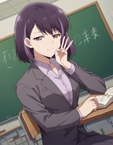 score_9, score_8_up, score_7_up, source_anime, <lora:rika-honjouji-alpha-ponyxl-lora-nochekaiser:1>, rika honjouji, short hair, bangs, purple hair, purple eyes, streaked hair, medium breasts,, shirt, jacket, white shirt, collared shirt, formal, suit, classroom, chalkboard, day time, studying, sitting, chair, desk,, smile, looking at viewer, v, v over mouth, smug,, solo,, cowboy shot, dutch angle,